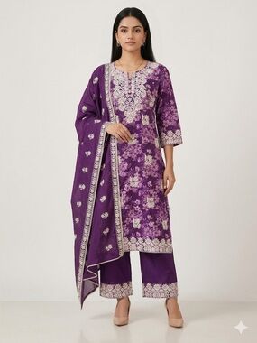 Purple Chikankari Kurta Set | 3 Pc Lucknowi Embroidered Suit